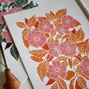 Summer Evenings Linocut Dog Rose Art Print | Colourful Wild Rose Linocut Wall Art / A4 Art Print on Cotton Paper / Briar rose floral print