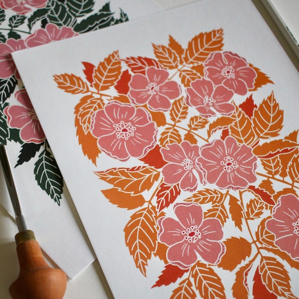 Dog Rose Linocut Artwork Print: Pink & Orange Floral, A4 Cotton Paper