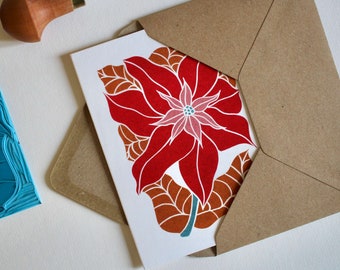 Golden Poinsettia Christmas Card - Single card with Envelope / Traditional Christmas Holiday Flower Card / Seasonal Linocut Floral Card