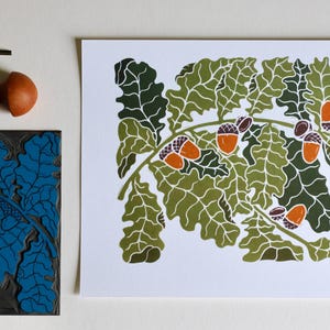 May include: An art print featuring oak leaves and acorns in green, brown, and orange. The illustration shows detailed oak leaves and acorns on a white background. The print is signed in the bottom right corner.