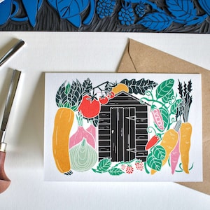 Carte de voeux en linogravure sur le lotissement / carte d'anniversaire, fête des pères, jardiniers, producteurs et propriétaires associés - carte unique avec enveloppe