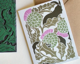Scottish Thistle Linocut Art Card - Modern Floral Greeting Card, Blank Inside