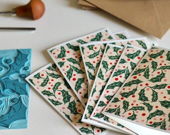 Linocut Holly Leaves & Berries Notecards: Set of 8 Festive Blank Cards