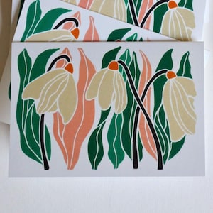 Cartes de correspondance linogravure Perce-neige de janvier - Lot de 8 | Cartes de correspondance de fleurs d'hiver / Cartes de remerciement / Faire-part de naissance et enveloppes