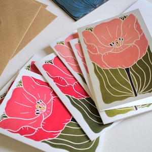 Large Single Tulip Flower Notecards - Set of 8 | Romantic Pink Linocut Tulip Note Cards / Blank Inside / Correspondence Cards & Envelopes