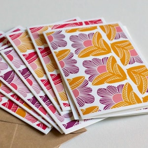 Cartes de correspondance en linogravure faites main de fleurs de lever de soleil | Cartes florales abstraites | Papeterie botanique moderne | Lot de 8 cartes vierges et enveloppes