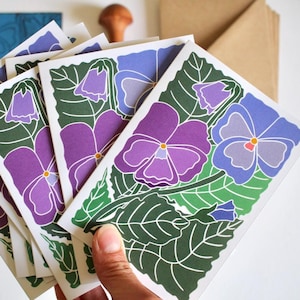 Cartes de correspondance artistiques linogravure fleur pensée - Lot de 8 | Cartes de correspondance pensées florales linogravure / Cartes de remerciement / Cartes correspondance et enveloppes