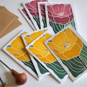 Large Single Tulip Flower Notecards - Set of 8 | Colourful Yellow & Purple Linocut Floral Note Cards / Blank Inside / Correspondence Cards