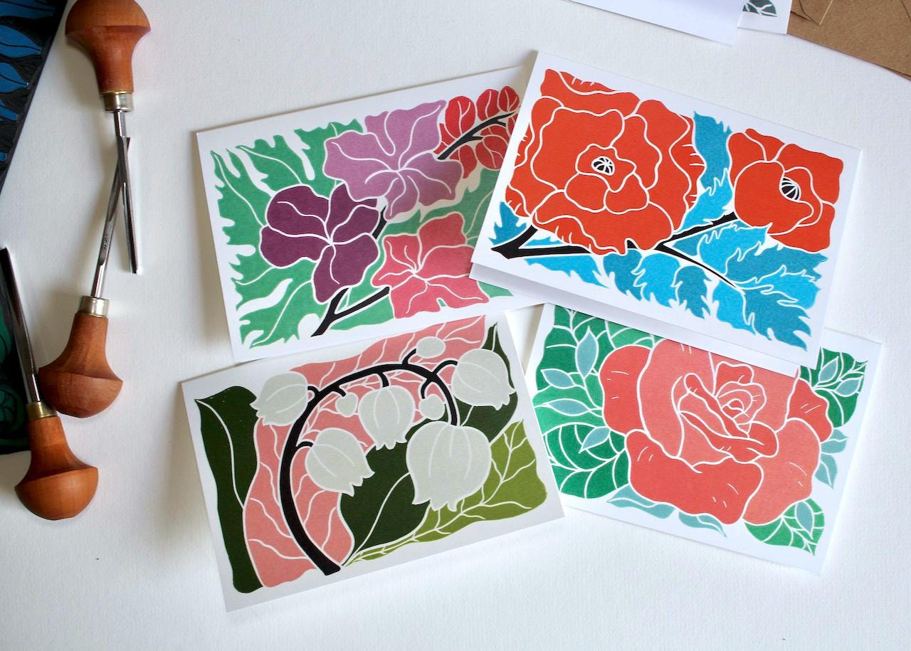 Linocut Notes Birth Flower Linocut Art Note Card Set: Pack of 12 Cards & Envelopes - Etsy