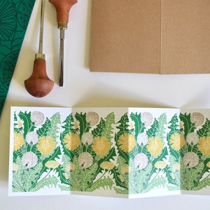 Carte pissenlit linogravure - carte concertina simple avec enveloppe / carte pissenlit imprimé lino / carte de voeux pliée colorée