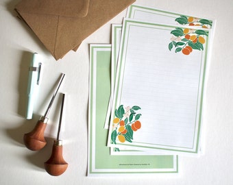 Feuilles de papier à lettres kumquat A5 | Linogravure à motif fleur d'agrumes | Papier ligné ou non et enveloppes | Cadeau papeterie