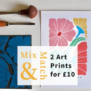 Mix & Match Art Prints! Any 2 linocut art prints for GBP 10 / Modern Floral Wall Art bundle / Birth flowers, daffodil, snowdrops,abstract A5