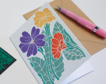Primroses in Spring Linocut Flower Card (Blank Inside) | Luxury Single Card & Envelope