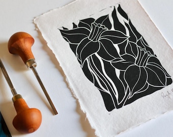 Welsh Daffodils Linocut: Handprinted Floral Art on Cotton Rag