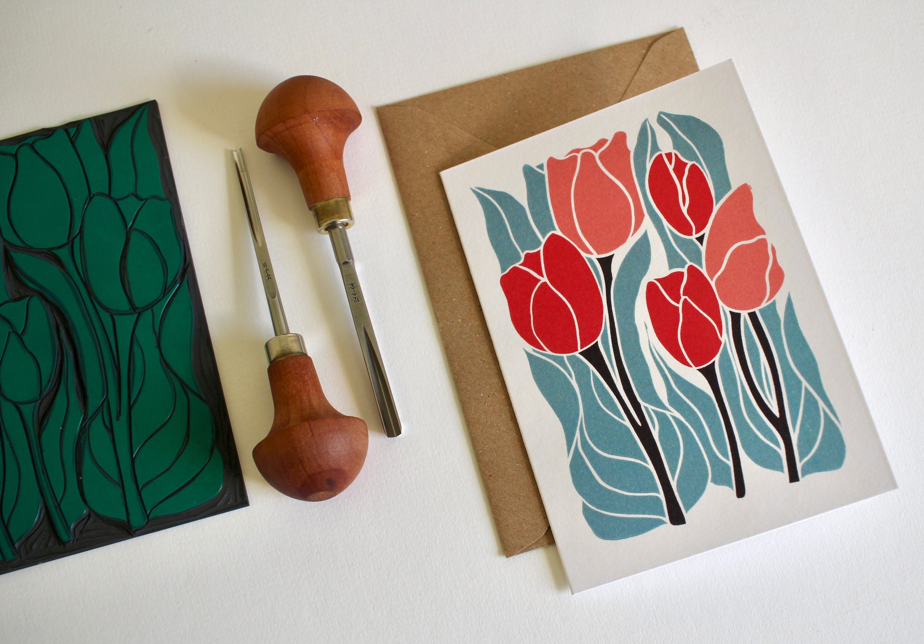 Linocut Classic Tulips Card - Single Art Quality Card with Envelope / Red blue tulip flowers / Easter, spring, birthday, blank greeting card