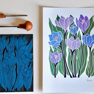Joy Bloom Crocus Flowers Linocut | A5 or A4 Art Print on Cotton Paper