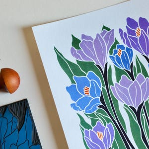 Joy Bloom Crocus Flowers Linocut | A5 or A4 Art Print on Cotton Paper
