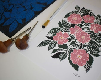 Linocut Dog Rose Art Print | Colourful Wild Rose Linocut Wall Art / A4 Art Print on Cotton Paper / Briar rose floral lino cut print