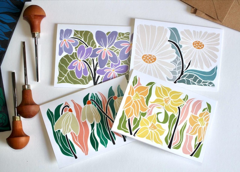 Linocut Notes Birth Flower Linocut Art Note Card Set: Pack of 12 Cards & Envelopes - Etsy