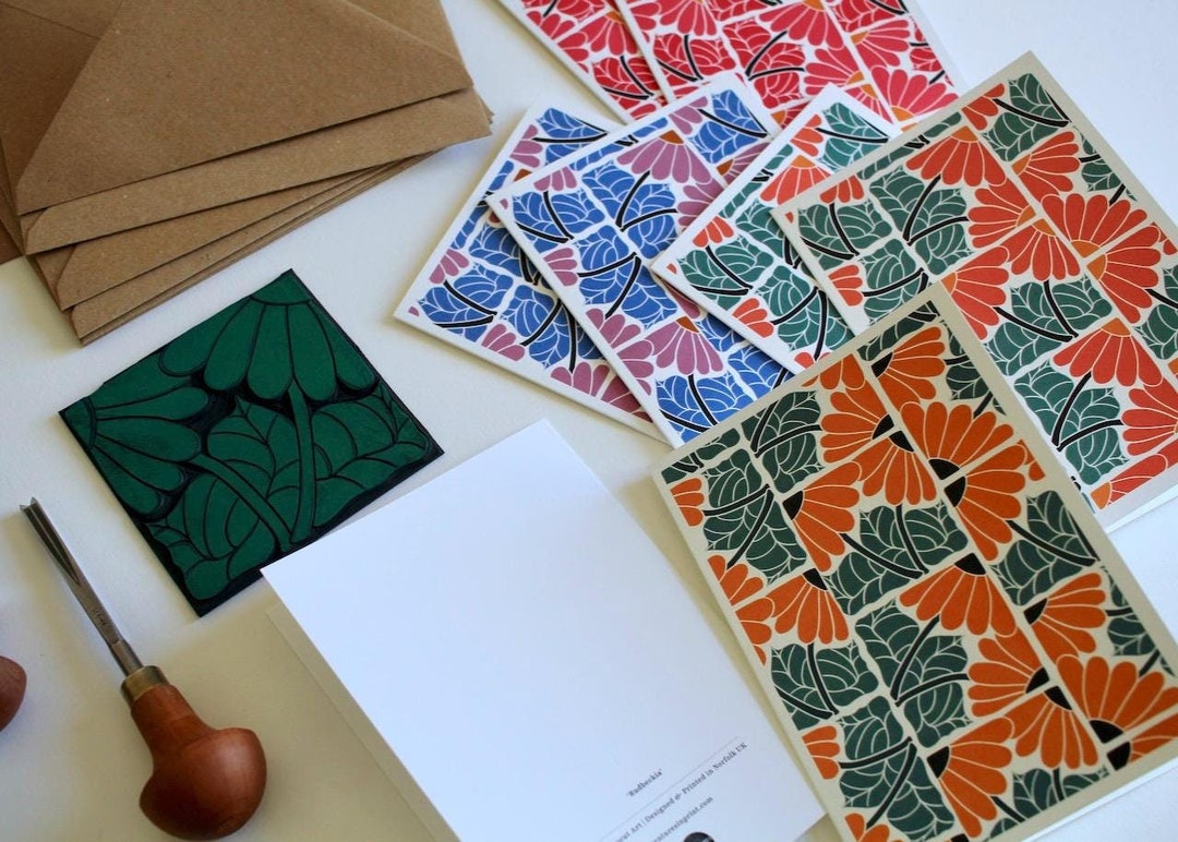 Rudbeckia Flower Notecards: Floral Block Print Style, Set of 8 Card ...
