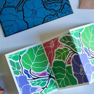 Morning Glory linogravure fleur - carte en accordéon simple / fleurs d'oeuvre d'art linogravure / carte de voeux fleur de naissance de septembre | Mini-carte A7