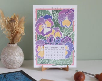 Pansies 2027 Stand-Up Desk Calendar, featuring Linocut Garden Flowers
