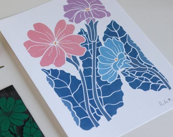 Primroses in Moonlight (Garden Linocut Flower Art) | A5 or A4 Art Print on Cotton Paper