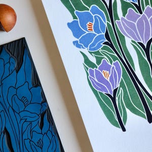 Joy Bloom Crocus Flowers Linocut | A5 or A4 Art Print on Cotton Paper