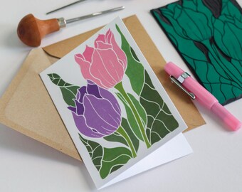 Tulips in the Border Linocut Flower Card (Blank Inside) | Luxury Single Card & Envelope