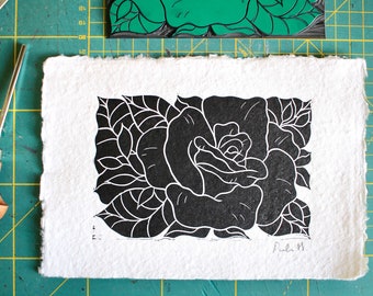 Rose Linocut Art Print | Handprinted Linocut Wall Art / A5 Art Print on Cotton Rag Paper / Single rose flower print / Hand printed artwork