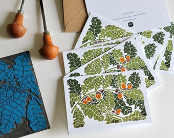 Autumn Oak Leaves & Acorns Linocut Notecards | Set of 8 Notecards and Envelopes