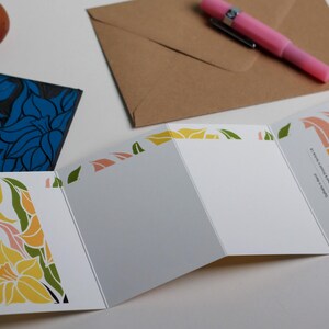 Reverse side of Daffodil Garland card showing blank writing space. Hand-carved botanical design continues on back of concertina card, 300gsm recycled FSC certified cardstock, room for personal message