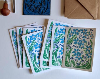 Forget-me-not Linocut Art Notecards - Set of 8 | Linocut Floral Note Cards / Thank You Cards / Correspondence Cards & Envelopes