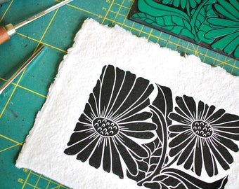 Daisy Linocut Art Print | Handprinted Linocut Wall Art / A5 Art Print on Cotton Rag Paper / Daisy spring flower print / Hand printed