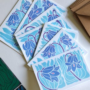 Scottish Bluebells Notecards | Set of 8 Notecards & Envelopes, Linocut floral artwork, Woodland flowers, Correspondence Announcement Cards