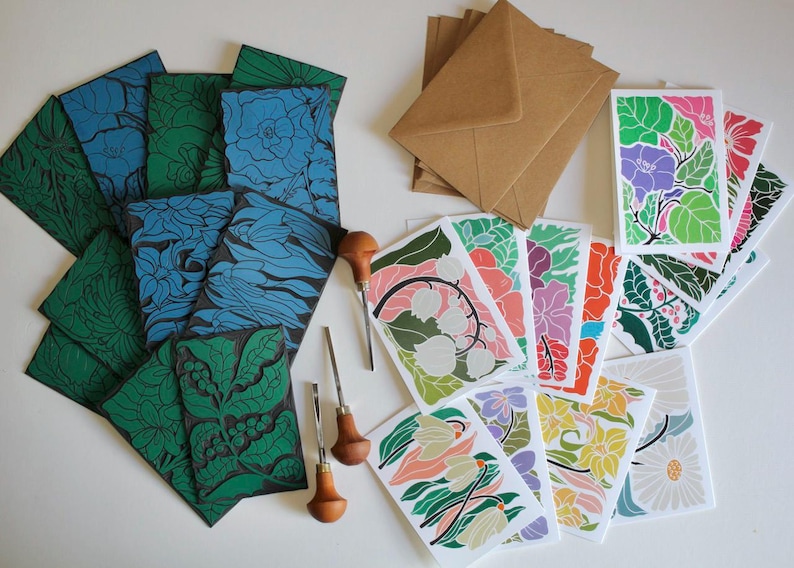 Linocut Notes Birth Flower Linocut Art Note Card Set: Pack of 12 Cards & Envelopes - Etsy