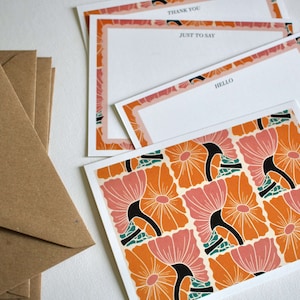Cartes de correspondance en linogravure fleur de pêcher chaude - Lot de 8 | Cartes de correspondance avec motif imprimé bloc, merci, vierges / Set d'écriture avec enveloppes