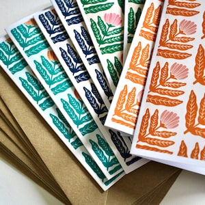 Dandelion Flower Block Print Notecards - Set of 8 | Linocut Floral Pattern Note Cards / Thank You Cards / Correspondence Cards & Envelopes