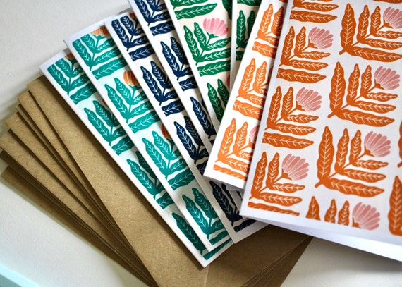 Dandelion Flower Block Print Notecards - Set of 8 | Linocut Floral Pattern Note Cards / Thank You Cards / Correspondence Cards & Envelopes