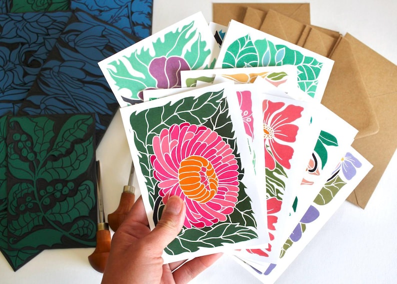 Linocut Notes Birth Flower Linocut Art Note Card Set: Pack of 12 Cards & Envelopes - Etsy