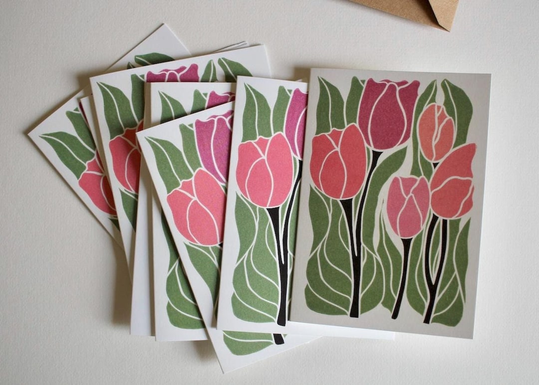 Linocut Tulip Notecards: Romantic Pink Floral Thank You Cards (set of 8 ...