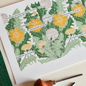 Dandelion Linocut Art Print: Blackout Poetry on Cotton Paper