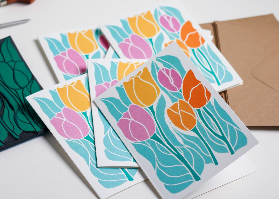 Tulips Note Spring Tulip Flower Notecards (pink and Yellow Tulip Flowers) | Set of ...
