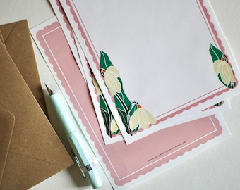 Feuilles de papier à lettres perce-neige A5 | Linogravure motif fleurs d'hiver | Papier ligné ou non et enveloppes | Cadeau papeterie
