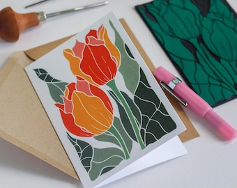 Sunset Tulips Linocut Flower Card (Blank Inside) | Luxury Single Card & Envelope