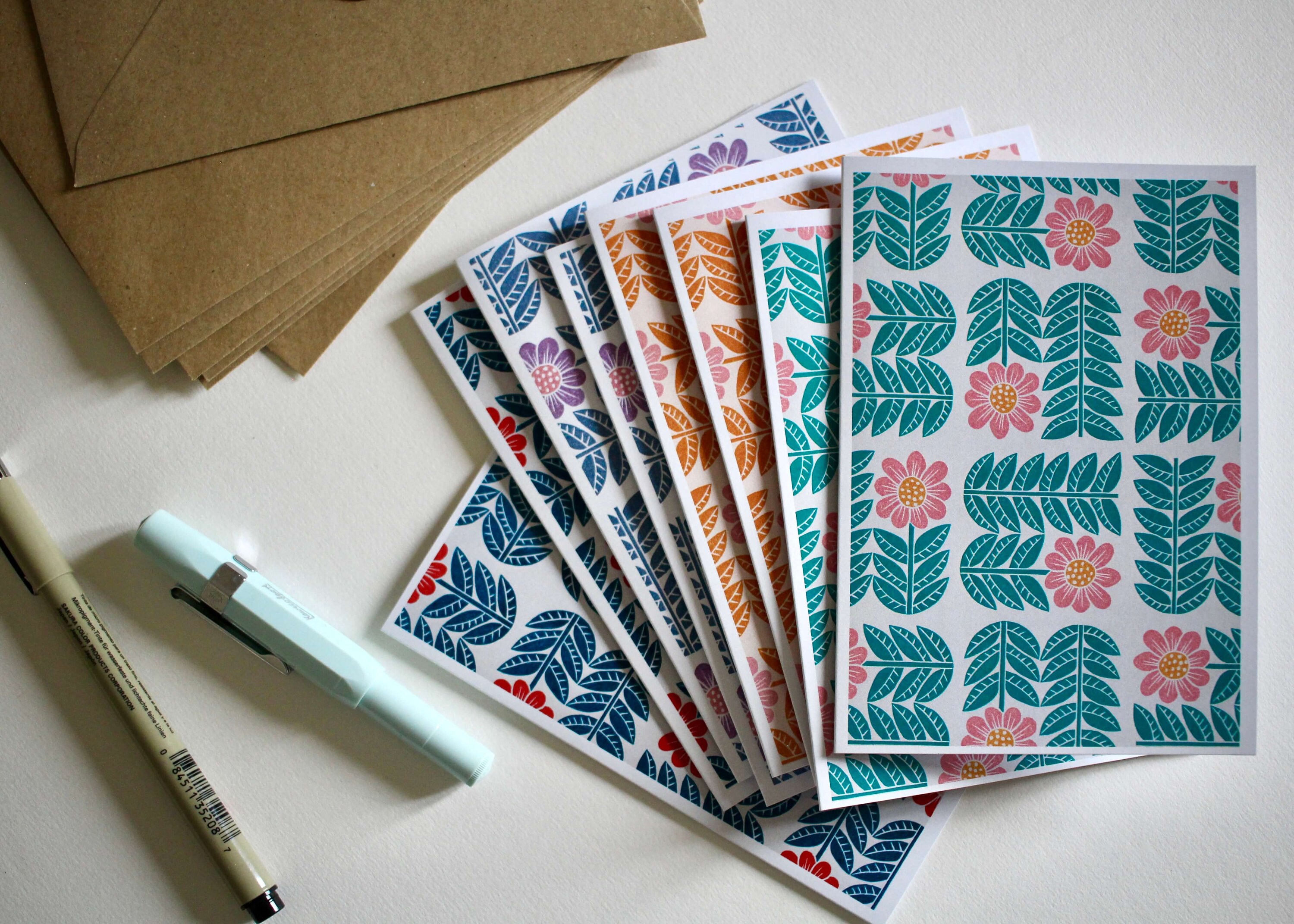 Garden Flower Block Print Pattern Notecards - - Set of 8 Floral Cards ...
