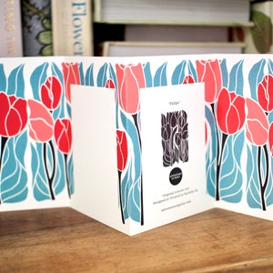 Linocut Tulip Card Single Concertina Card with Envelope / Lino print tulip flowers card / Colourful red, pink & blue folded greeting card image 5