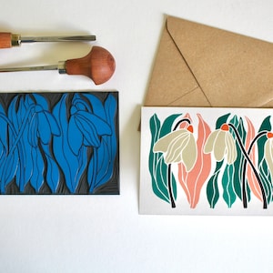 Linogravure janvier anniversaire / printemps / carte de fleurs perce-neige / lino art fleurs du jardin carte de voeux - carte simple avec enveloppe