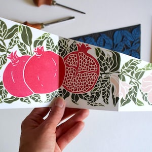 Carte de voeux festive en forme de grenade - Une seule carte en accordéon avec enveloppe / Fruits festifs d'hiver, Noël, carte de saison recto-verso
