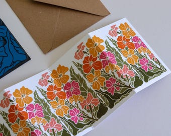 Sunset Ember Wallflower Garland Card, Erysimum Garden Floral Linocut | Single Card & Envelope